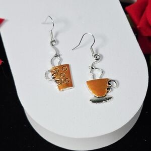 Bohemian Coffee & Teacup Pendant Earrings Silver Copper Whimsy 2" Artsy Dangles